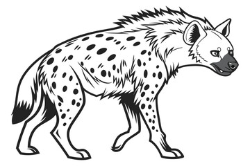 Black and White Illustration of a Spotted Hyena Walking Cautiously with a Determined Expression and Shaggy Mane