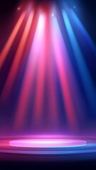Neon Pink and Blue Light Illuminating a Stage with Dynamic Beams in a Dark Environment