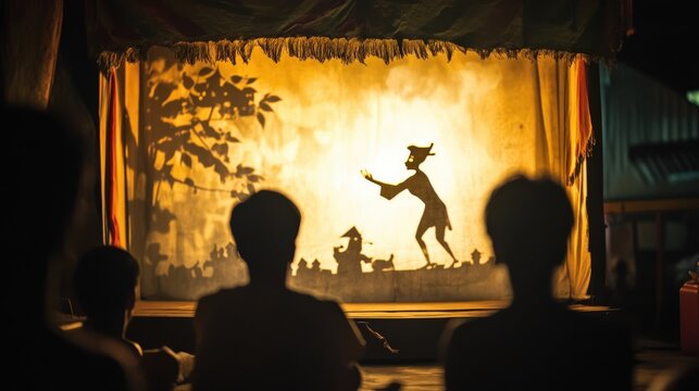 Shadow puppet show viewed by audience members.