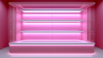 Neon Pink Lit Jewelry Display Case with Illuminated Shelves in Modern Retail Space
