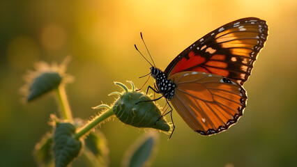 Fototapeta premium Butterfly emerging from chrysalis. Ultra-realistic nature photography. Late morning light butterfly. Transformation of butterfly in sunlight.