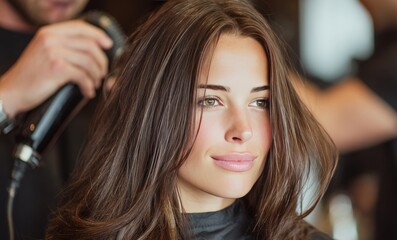 Hairdresser styling woman hair with hairdryer in beauty salon