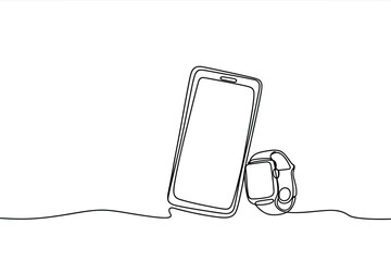 Minimalist continuous line drawing of a smartphone and smartwatch