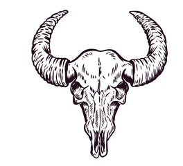 Illustration of buffalo skull in monochrome style. Design element for label, sign, emblem. Vector illustration