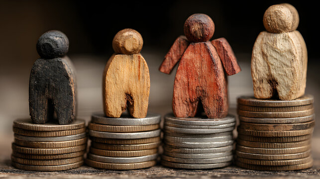 Wooden figures on stacked coins socioeconomic inequality