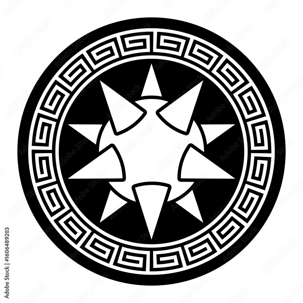 Poster morning star, surrounded by a band with meander pattern. ball with spikes secured and safely enclose