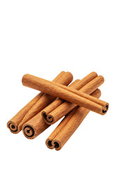 A cluster of natural, dry cinnamon sticks with unique textures and curled forms, isolated on a transparent background with shadowless light, concept for commercial product photography