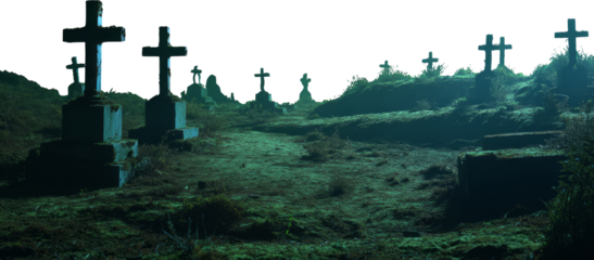 Spooky horror graveyard with eerie cross silhouette at dark night