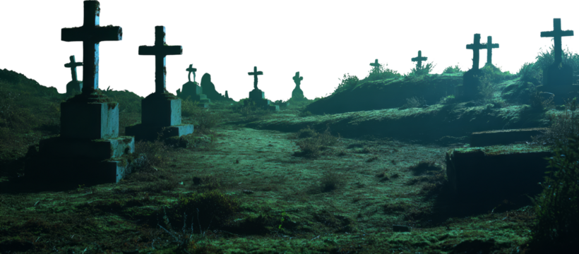 Spooky horror graveyard with eerie cross silhouette at dark night