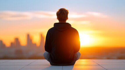 Person Sitting Cross Legged on a Rooftop at Sunset Overlooking City Skyline