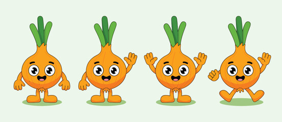 Four happy cartoon onions with arms and legs standing together
