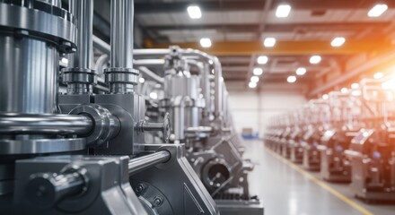 Naklejka premium Intricate stainless steel machinery lines the interior of a modern industrial factory