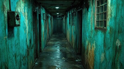 Spooky teal hallway, peeling paint, dark