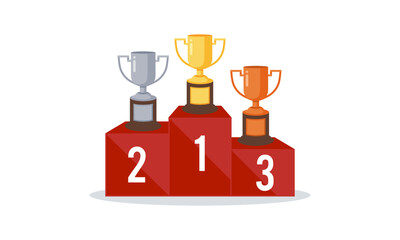 Winners podium with cups. Prizes for the Champions. Gold, silver and bronze cups. Vector illustration in flat style.