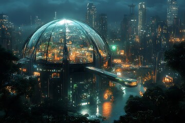 Fototapeta premium Futuristic Biodome in Cityscape at Night