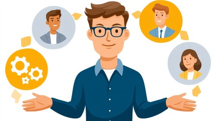 Project Leader Confidently Presenting Ideas with Animated Team Members in Speech Bubbles