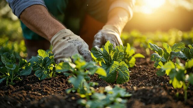 Zero waste gardening, hands planting in nutrient-rich soil at sunrise, supporting regenerative food production and climate-adapted backyard farming for sustainable urban food resilience
