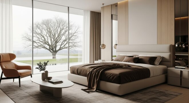 A luxurious modern bedroom with a large window overlooking a bare tree