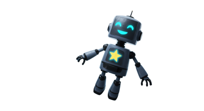 Friendly cartoon robot with glowing blue face and yellow star, ready for tech projects and AI concepts