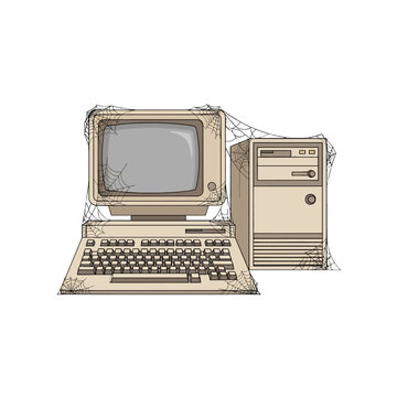 An old, beige desktop computer with a monitor, keyboard, and tower, covered in cobwebs, suggesting it is unused and outdated.