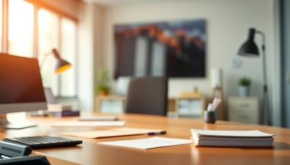 Blurred background, sharp focus on neat office desk, stationery, notebook
