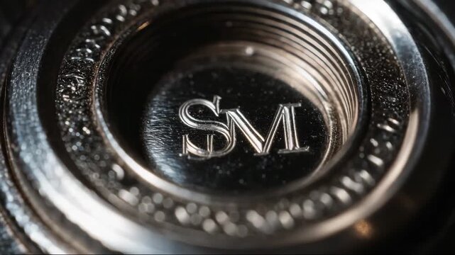 Close-up of metallic logo with initials SM on circular surface  