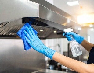 A person wearing blue gloves cleans a stainless steel kitchen hood with a blue cloth and spray bottle in a commercial kitchen.