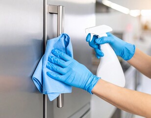 Hands wearing blue gloves clean a stainless steel cabinet handle with a spray bottle and cloth.
