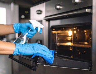A person wearing blue gloves cleans the inside of an oven door with a spray bottle and cloth.