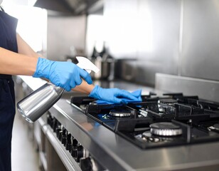 A person wearing blue gloves cleans a stainless steel kitchen stove with a spray bottle and cloth.