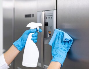 Hands wearing blue gloves clean a stainless steel surface using a spray bottle and cloth in a modern kitchen or industrial setting.