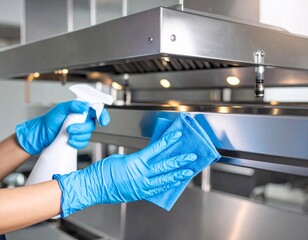 A person wearing blue gloves cleans a stainless steel kitchen hood with a spray bottle and blue cloth in a professional kitchen setting.