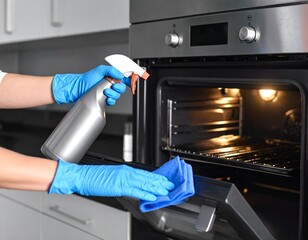 A person wearing blue gloves cleans the inside of an oven using a spray bottle and a blue cloth in a modern kitchen.