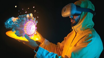 Male engineer wearing a safety suit analyzing a 3D holographic car engine blueprint with neon effects
