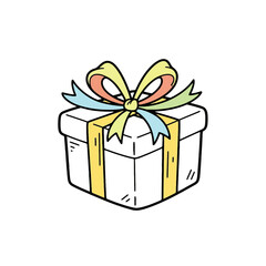 Obraz premium A cheerful, hand-drawn illustration of a gift box adorned with a colorful ribbon.