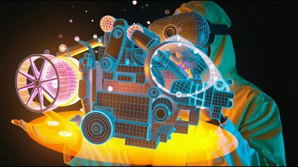 Male engineer wearing a safety suit analyzing a 3D holographic car engine blueprint with neon effects
- Powered by Adobe