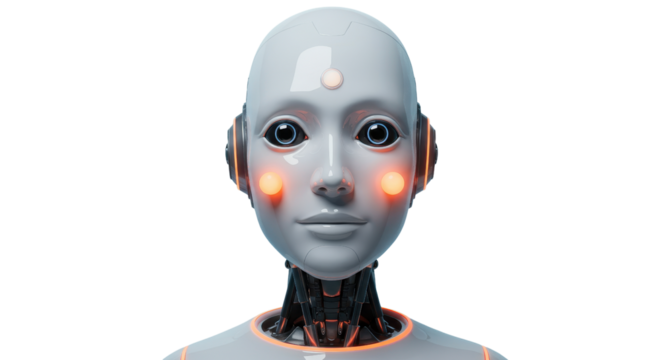 Sophisticated android face with glowing accents embodies future AI innovation and advanced technology