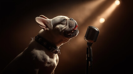 French bulldog puppy with microphone. Side view of a French bulldog wearing a collar and appearing to sing into a vintage microphone under warm stage lighting