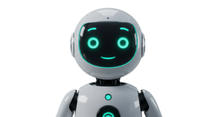 Friendly cartoon robot with bright glowing eyes and a welcoming smile, perfect for tech concepts.