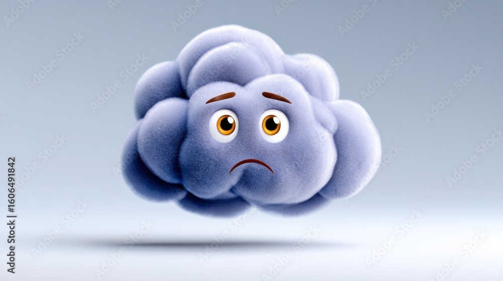 Poster fluffy cloud with a sad face. the cloud is floating in the sky and has a frowning expression