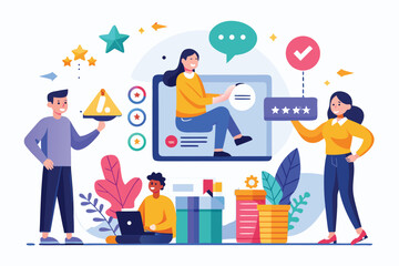 Fototapeta premium Visual representation of brand reputation and trust building through various activities and interactions within a digital environment designed to enhance consumer engagement and loyalty