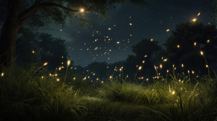 Fototapeta premium Glowing plants and fireflies at night