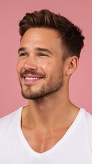 Obraz premium Smiling Man with Lipstick Stains on Cheek against a Pink Background in Close-Up Portrait