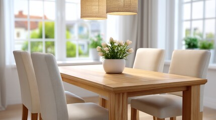 Soft Neutral Dining Room with Wooden Table and White Chairs Under Decorative Pendant Lights