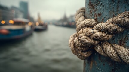 Fototapeta premium Close-up of weathered rope knot on dockside metal pole with calm ocean background, capturing maritime stillness, nautical symbolism and emotional tension