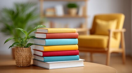 Stack of Colorful Books on a Wooden Table with a Small Plant and Cozy Armchair in a Bright Living Room