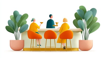 Stylish Coffee Shop Interior with Three Patrons Enjoying Cocktails at a Vibrant Bar