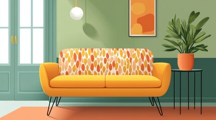 Stylish Retro Living Room Featuring Orange Patterned Sofa and Green Walls with Natural Light