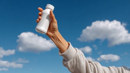 Person is holding a bottle of something in their hand. The sky is blue and there are clouds in the background