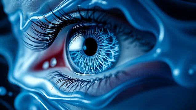 Macro blue eye with iris and pupil, enhanced by abstract light patterns, showcases human vision and beauty - Powered by Adobe